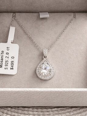 Sterling Silver Teardrop Mosanite Halo Necklace - White
